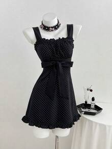 Elamini Women's Polka Dot Patchwork Tie Bow Dress, Sweet Y2K Style - Black - View 3