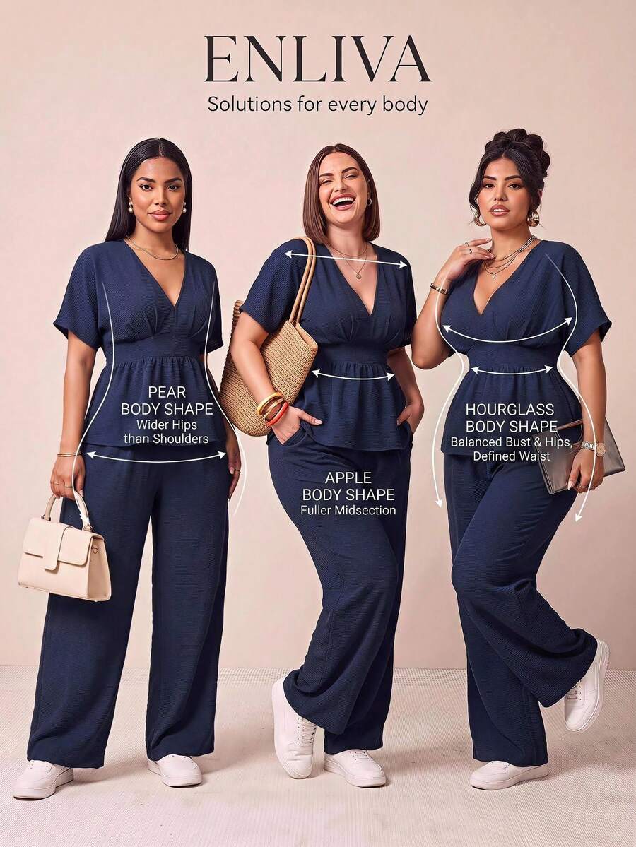 Enliva Setelan 2 Potong Warna Biru Tua Ukuran Plus, Atasan Longgar Lengan Jubah Berkerut Leher V Dalam dan Celana Panjang Lurus Pinggang Tinggi - Biru - View 1