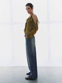 URBAN LOW-WAIST FOLDED WAIST WIDE LEG LONG DENIM JEANS - Blue - View 4