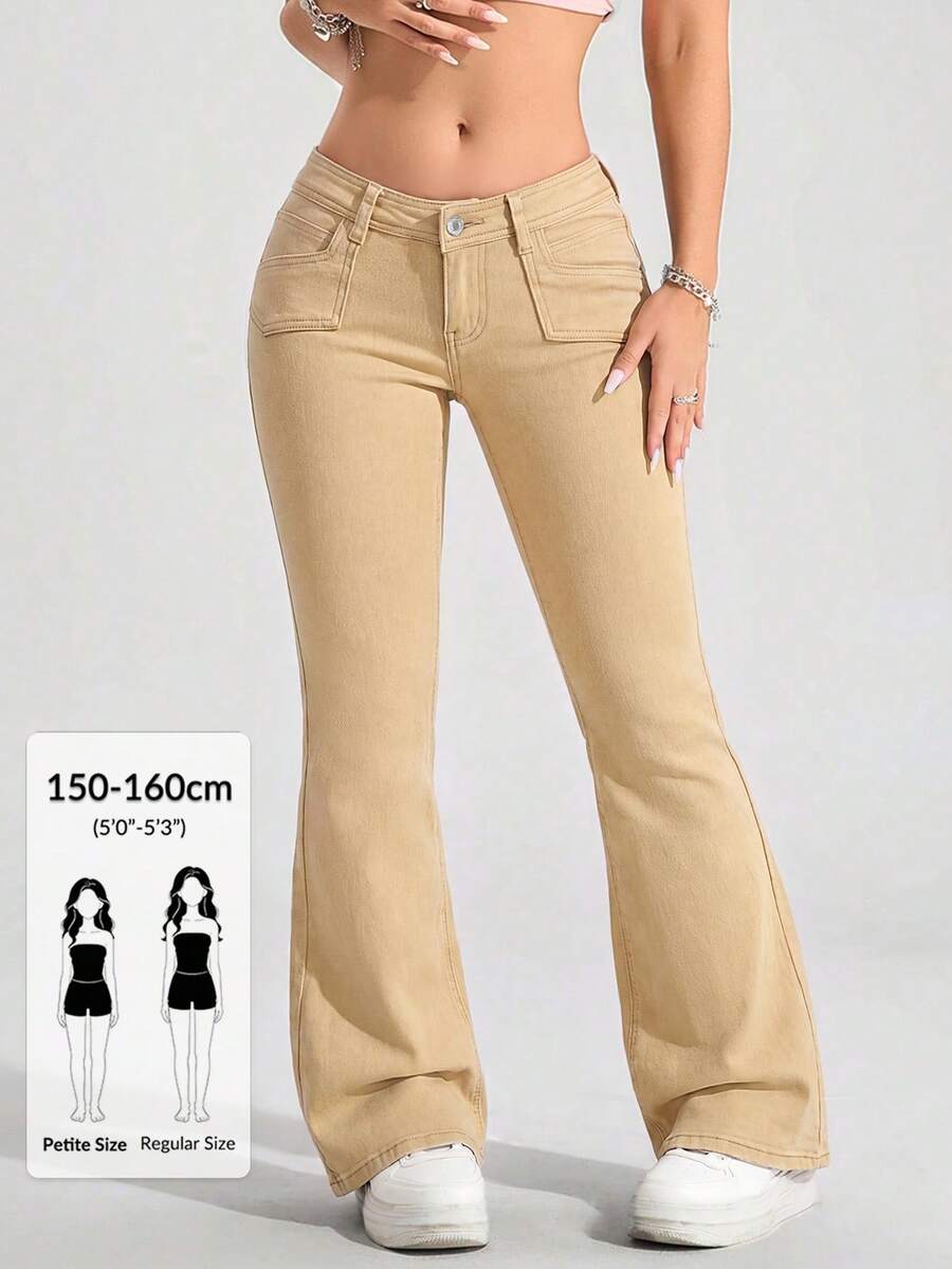 SHEIN PETITE Casual Solid Color Low-Waist Flare Leg Jeans - Khaki - View 1
