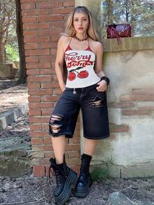 ROMWE X Lorella 2pcs/Set American Vintage Cherry Print & Punk Vine Print Contrast Lace Halter Neck Bodycon Tank Top - Multicolor - View 5