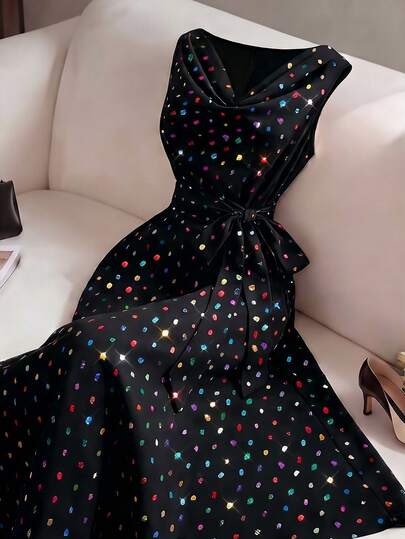 GlowEve CURVE Plus Size Women's Elegant Fashion Iridescent Silver Foil Powder Cinched Waist A-Line Dress, Cowl Neck Sleeveless