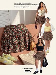 Comfortcana Plus Size Women's Casual Ditsy Floral Multi-Layer Skirt - Multicolor - View 9