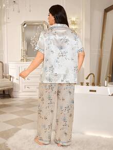 MuseNap CURVE Butterfly Floral Print Satin Shirt Style Plus Size Pajama Set - White - View 3