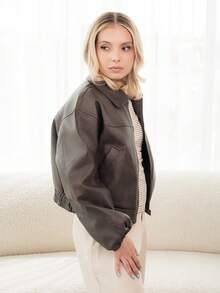 Ximena Robles Ximena Robles Women's Casual PU Leather Collar Long Sleeve Regular Jacket Y2k - Coffee Brown - View 4