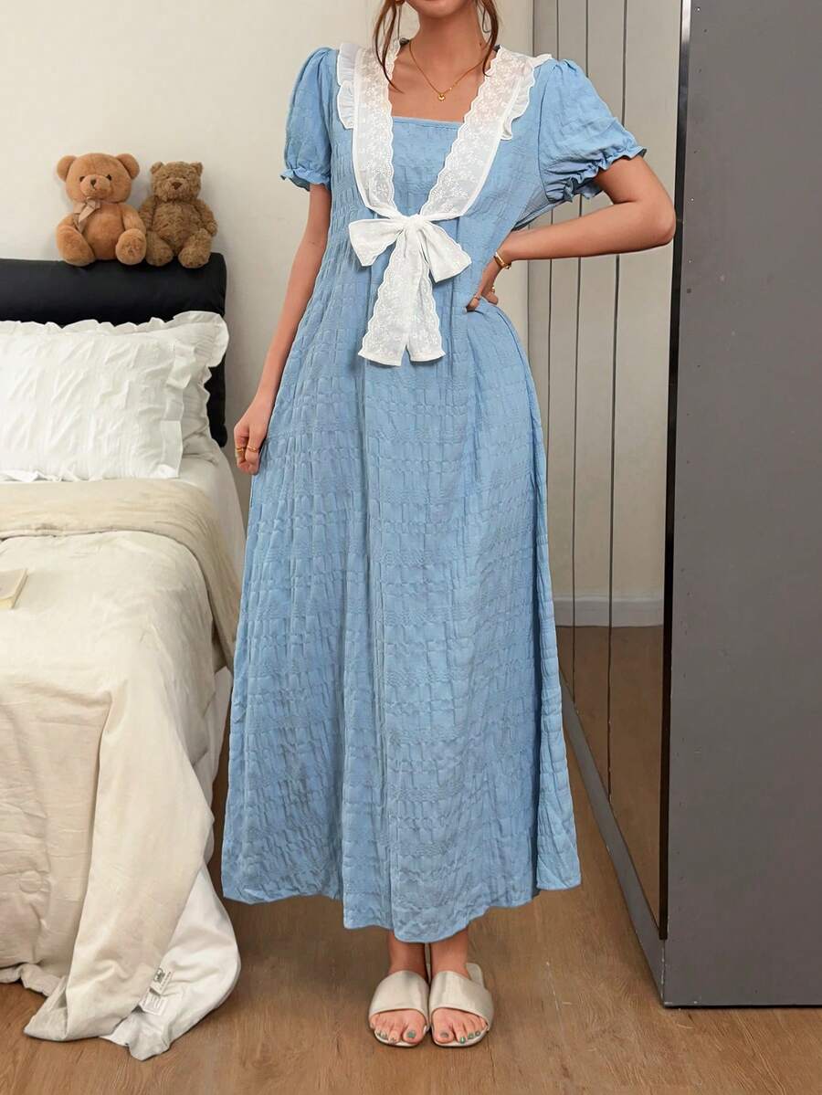 Napfluff Contrast Trim Front Tie Neck Jacquard Short Sleeve Loose Fit Women's Nightgown - Blue - View 1