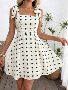 SHEIN LUNE Women's Casual 70s Romantic Cute Summer Vacation Commute Brunch Beach Daily Basic Outing White With Black Polka Dots Sleeveless Tie Waist Short Dress - Black and White - View 11