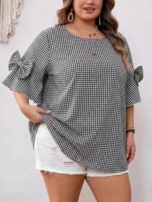 SHEIN CURVE+ 大码女式圆领格子休闲百搭日常衬衫 - 黑與白 - 查看 5