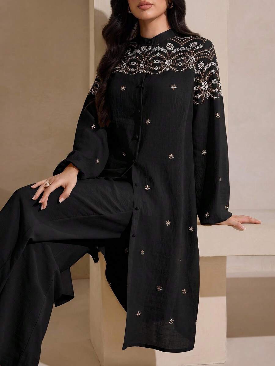 Graceveil 刺繡寬鬆外套與長褲女款日常阿拉伯服飾套裝