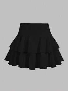 SHEIN Girlism 青少年女孩休閒度假風白色紋理內建內搭褲雙層荷葉邊蛋糕迷你裙 - 黑色 - 查看 7