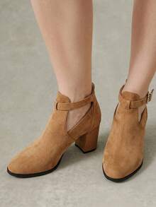 Styleloop Women Shoes Autumn And Winter Suede Metal Buckle Round Toe Thick Heel Ankle Boots Simple Commuter Style Workplace Daily Wear Fall Shoes - Khaki - View 4