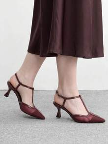 CUCCOO BIZCHIC 法式復古尖頭網布 T 型帶扣小貓跟女鞋 氣質百搭通勤女高跟鞋 - 酒紅色 - 查看 6
