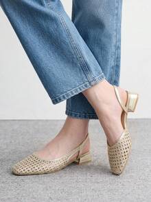 CUCCOO BIZCHIC Women's Shoes Spring And Summer Pointed Short Thick Heel Woven Splicing Low Heel Shoes - Vintage gold - View 4