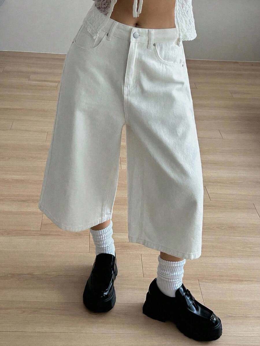 Dazy Plus White Loose Casual Straight Leg Cropped Jeans Spring Summer - White - View 1