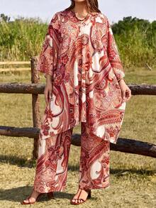 EMERY ROSE Plus Size Paisley Print Casual Vacation Top And Pants 2 Pieces Set Fall - Apricot - View 6