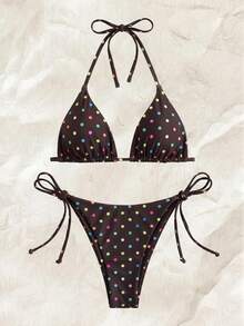 Elavelle New Arrival Spring/Summer Merlot Colorful Polka Dot Halter Neck Triangle Cup Bikini Set, Sexy Two Pieces Swimwear With Side Tie - Multicolor - View 4