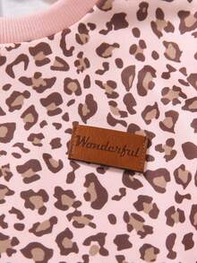 Elladie kids 女童時尚豹紋兩件套，粉色短袖上衣與鬆緊腰寬腿長褲，附小標籤裝飾，日常夏季穿搭 - 粉色 - 查看 5