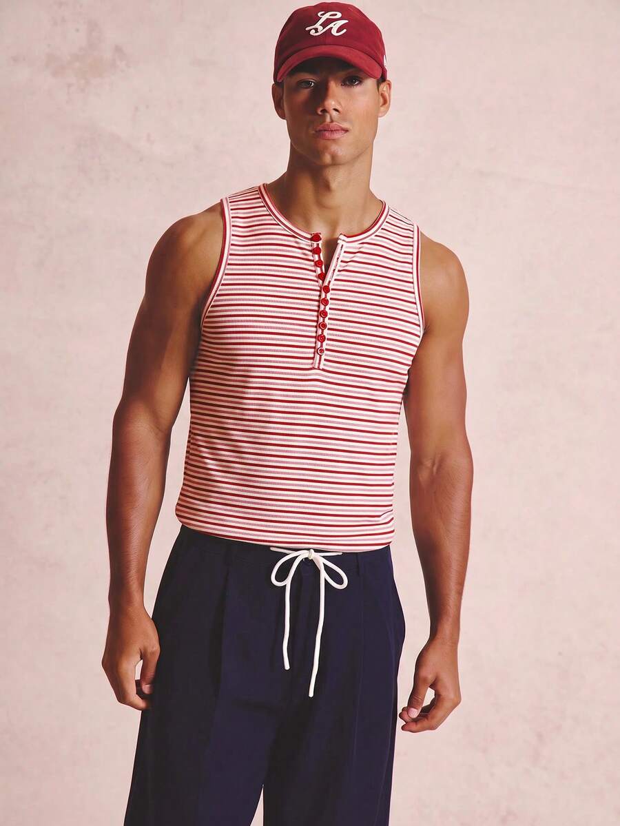 Musero Camiseta de tirantes Henley acanalada a rayas con detalle de botones delanteros, esencial para primavera y verano - Rojo - Ver 1
