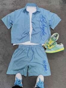 Manfinity EMRG 男士格紋字母印花單排扣短袖襯衫與抽繩腰短褲套裝 - 彩色 - 查看 1
