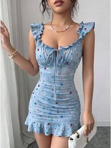 Roelina 女款彩色水鑽裝飾百褶休閒日常夏季洋裝 - 深色水洗藍 - 查看 7