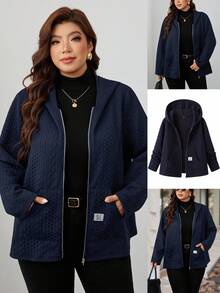 SHEIN Clasi 大尺碼女款字母印花牛仔長袖拉鍊休閒連帽外套 - 藏蓝色 - 查看 9