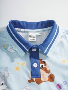LOONEY TUNES X SHEIN Baby Boy Cartoon Print Short Sleeve Top And Shorts Casual Daily Home Sleepwear Set - Blue - View 3