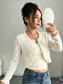 Cárdigan de punto de unicolor con textura y dobladillo con volantes para niñas, top de diseño minimalista para uso diario y casual - Albaricoque - Ver 5