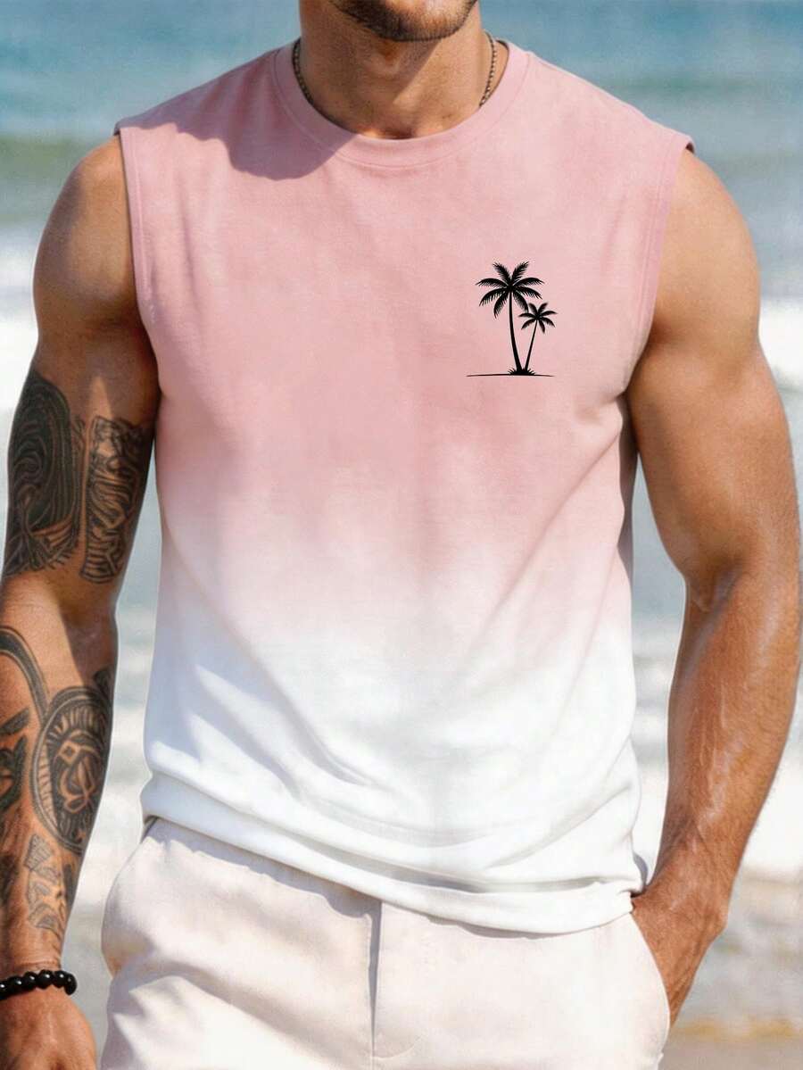 VIVINTIMO Men's Plus Size Tank Top, Pink Gradient Coconut Tree Print, Suitable For Island Vacation - Multicolor - View 1