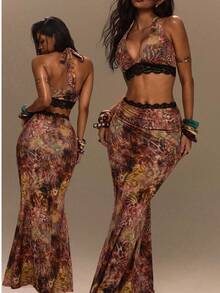 TypaGal Summer Festival Y2K Tropical Holiday Ibiza Sexy Going Out Vacation Night Out Club Carnival Party Beach Leopard Floral Print Halter Set Brown - Multicolor - View 1