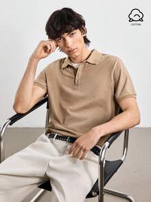 Merionis Camisa Polo Masculina Cáqui com Botões e Meia-Abertura de Manga Curta - Caqui - Visão 1