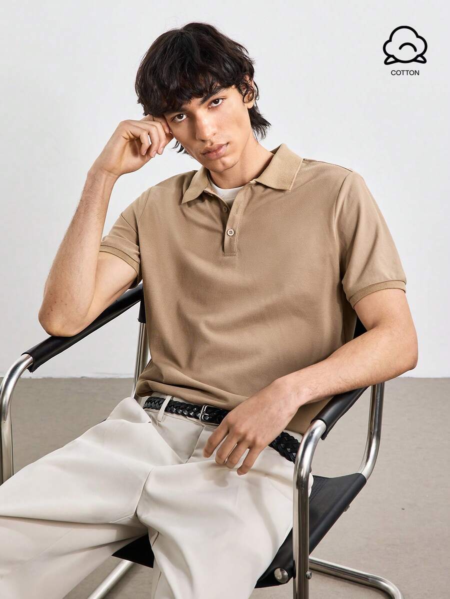 Merionis Camisa Polo Masculina Cáqui com Botões e Meia-Abertura de Manga Curta - Caqui - Visão 1