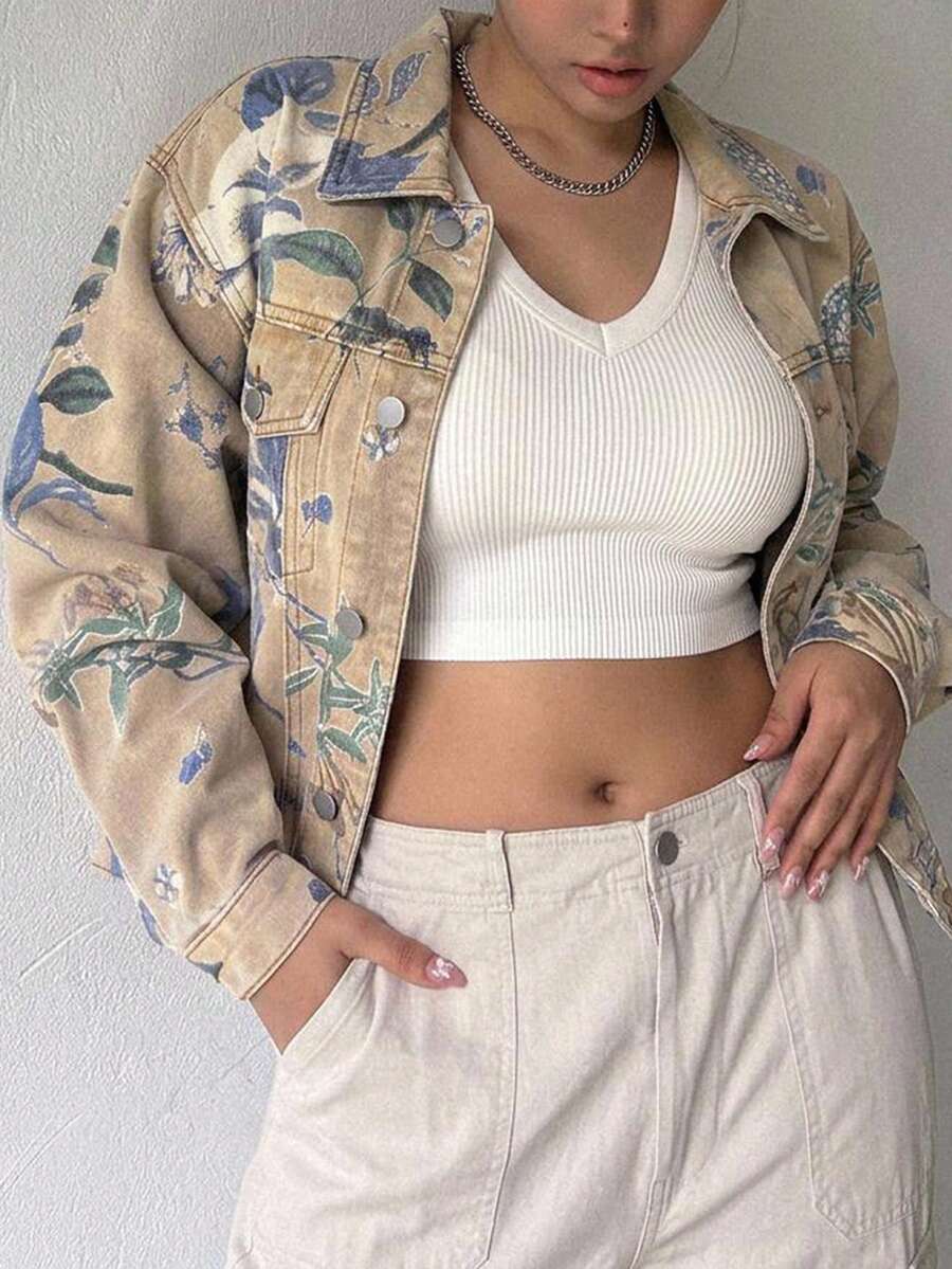 Dazy Plus Jaket Denim Lengan Panjang Model Longgar dengan Motif Bunga Cetak Seluruh Permukaan, Cocok untuk Perjalanan Santai, Musim Gugur, Terbaru - Khaki - View 1