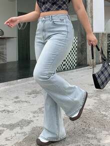 Dazy Plus Light Wash Vintage Stretch Skinny Flare Leg Jeans, Versatile Long Denim Pants Fall - Light Wash - View 2