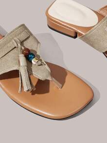 Styleloop Women's Rhinestone Plant Design Casual Flat Sandals - Beige + tassel - View 5