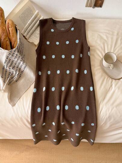 CosyJoli Robe pull décontractée pour femmes, style maison et vacances, automne/hiver, coupe ample, à pois, robe gilet sans manches, robe courte, marron café, bleu ciel