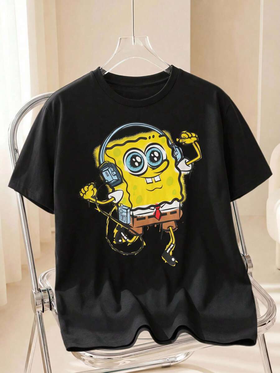 SpongeBob SquarePants | SHEIN 大码卡通图案休闲黑色圆领短袖T恤 - 黑色 - 查看 1