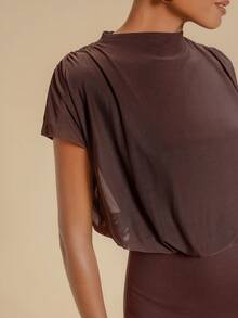 Travachic Women's Solid Color Stand Collar Mermaid Hem Elegant Long Dress Vacation Dark Brown Summer - Brown - View 6