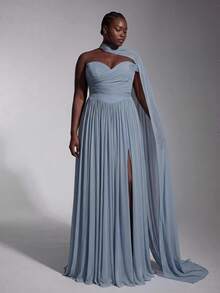 Elitara Plus Size Fashion Elegant Dusty Blue Strapless Pleated A-Line Dress With Detachable Long Shawl For Bridesmaid Party Evening Formal Wedding Winter - Baby Blue - View 8