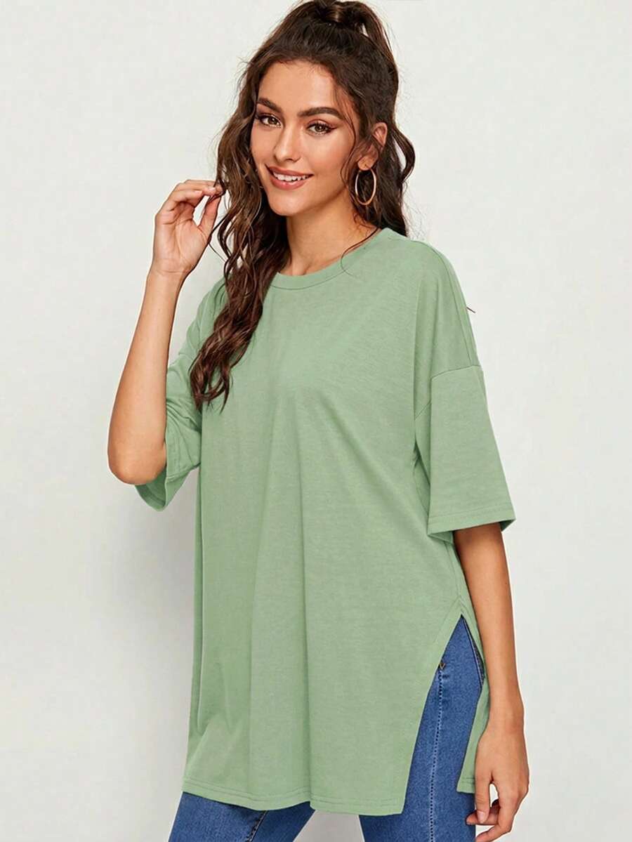 SHEIN Essnce 女款純色圓領落肩寬鬆休閒T恤 - 薄荷綠 - 查看 1