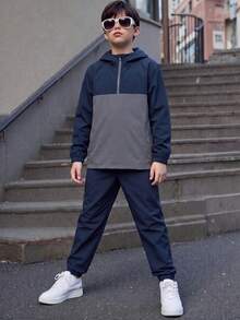 SHEIN 2件組兒童青少年男孩半拉鍊連帽夾克與慢跑長褲套裝，適合通勤、上學、日常休閒穿著、運動，秋冬款 - 寶藍色 - 查看 4
