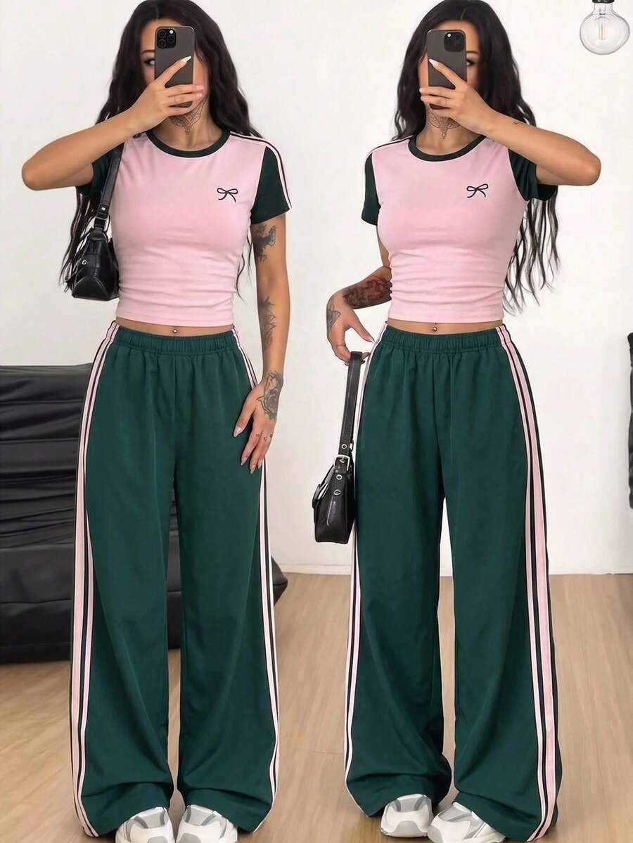 SHEIN 青少年女孩休閒日常百搭舒適圓領短袖T恤與長褲套裝 - 彩色 - 查看 1