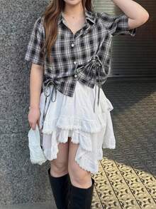 Dazy Plus New Plaid Drawstring Tie Bow Casual Versatile Spring Summer Autumn Shirt Cute Tops - Black - View 6