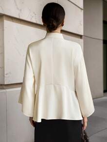 Ontre 2026 New Fall Loose Fit Solid Off-White Long Sleeve Blouse, Woven Fabric Ruffle Trim, Stand Collar, Frog Button Placket, Elegant Tea Party Brunch - Apricot - View 7