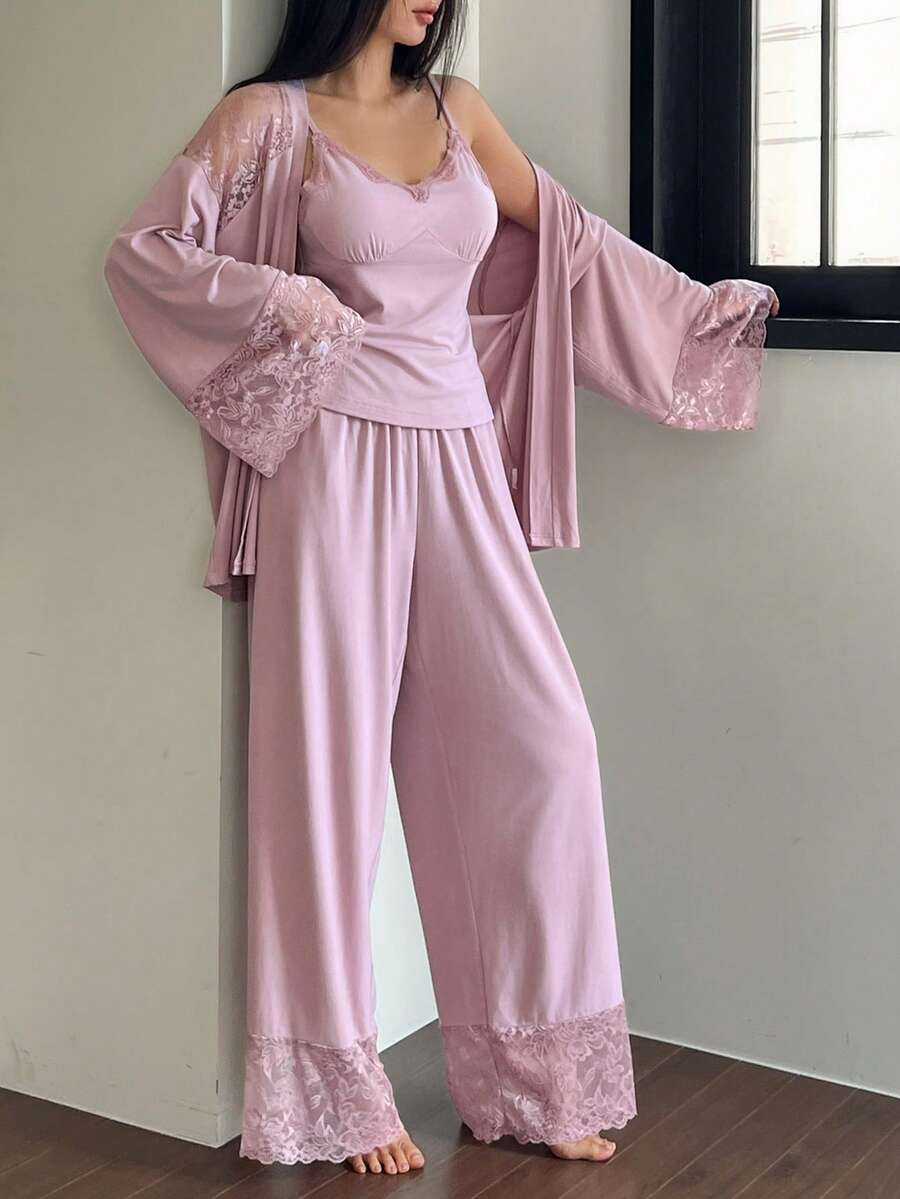 DAZY Bộ đồ ngủ nữ 3 món gồm áo choàng, áo hai dây và quần chắp vá ren, trang phục mùa thu và mùa đông - Màu tím hoa cà - Xem 1