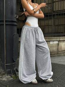 Coolane Women's Fall Streetwear Casual Sport Going Out Basic Daily Wear Contrast Lace Grey Low Rise Baggy Wide Leg Sweatpants - Grey - View 4