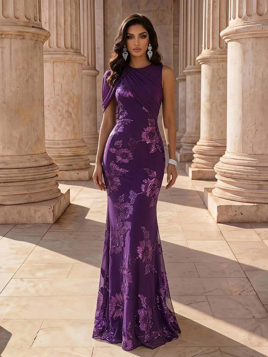 Coutiva Formal Evening Gown (Heavily Embellished) - Purple - View 1