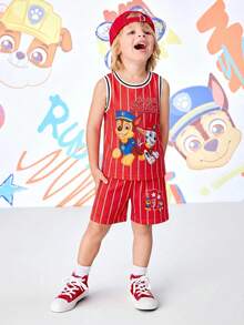 SHEIN | PAW Patrol 小男孩圓領拼色條紋字母卡通印花T恤與短褲休閒日常套裝 - 紅色 - 查看 5