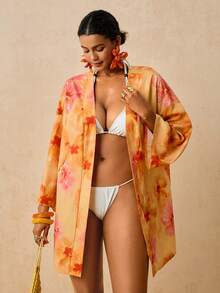 Travachic Baju Penutup Wanita Ukuran Besar Motif Ikan Laut Aprikot, Kimono Longgar Lengan Sedang, Motif Romantis Musim Semi Awal Pantai Pemandian Air Panas - MultiWarna - View 8