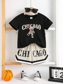 SHEIN 2pcs/Set Baby Boy Cute Summer Sports Cartoon Graphic Short Sleeve Loose T-Shirt&Elastic Waist Color Block Letter Print Shorts Set Streetwear - Multicolor - View 3