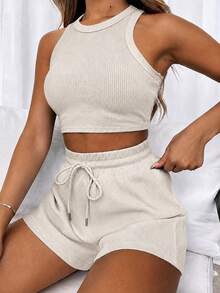INAWLY Women's Summer Casual Solid Color Cropped Tank Top And Shorts 2 Pieces Set - Apricot - View 1